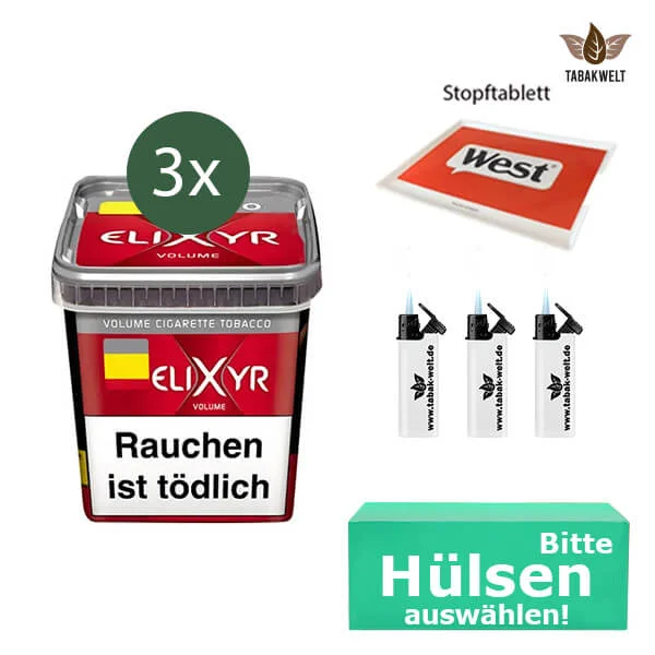 Elixyr Volumentabak Red 3 x Eimer mit wählbaren Filterhülsen und Sturmfeuerzeug 